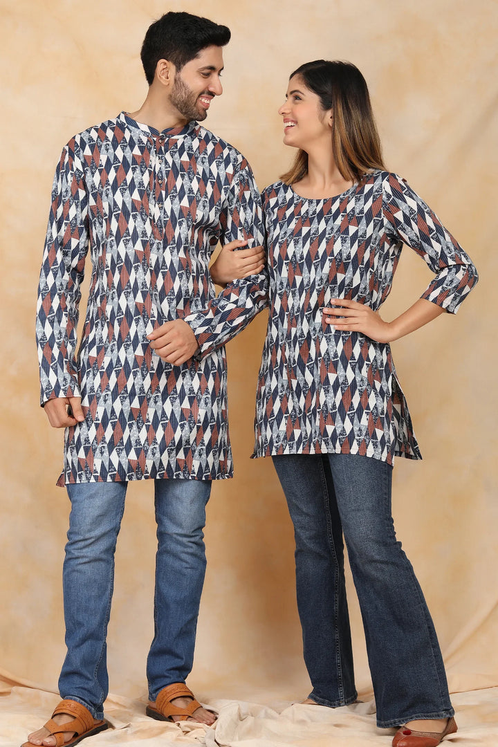 Navy  Blue & White Ikkat Printed Kurti with Matching Kurta Couple Twin Set