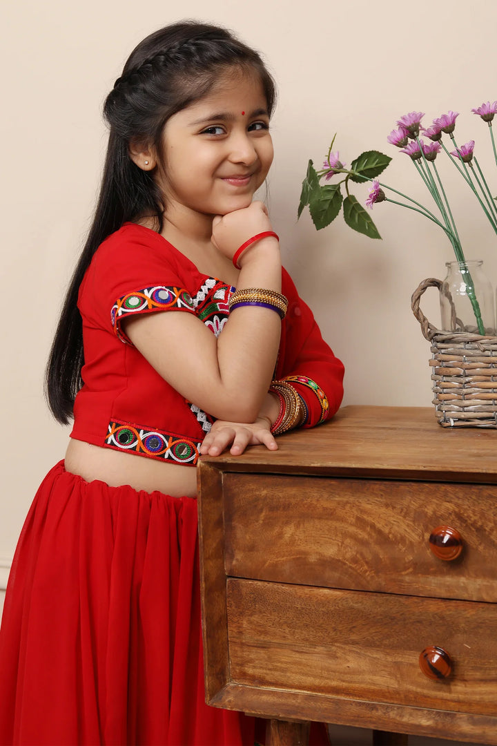 Exclusive Hand Embroidered Ethnic  Red Chaniya Choli Set with Matching Dupatta For Kid