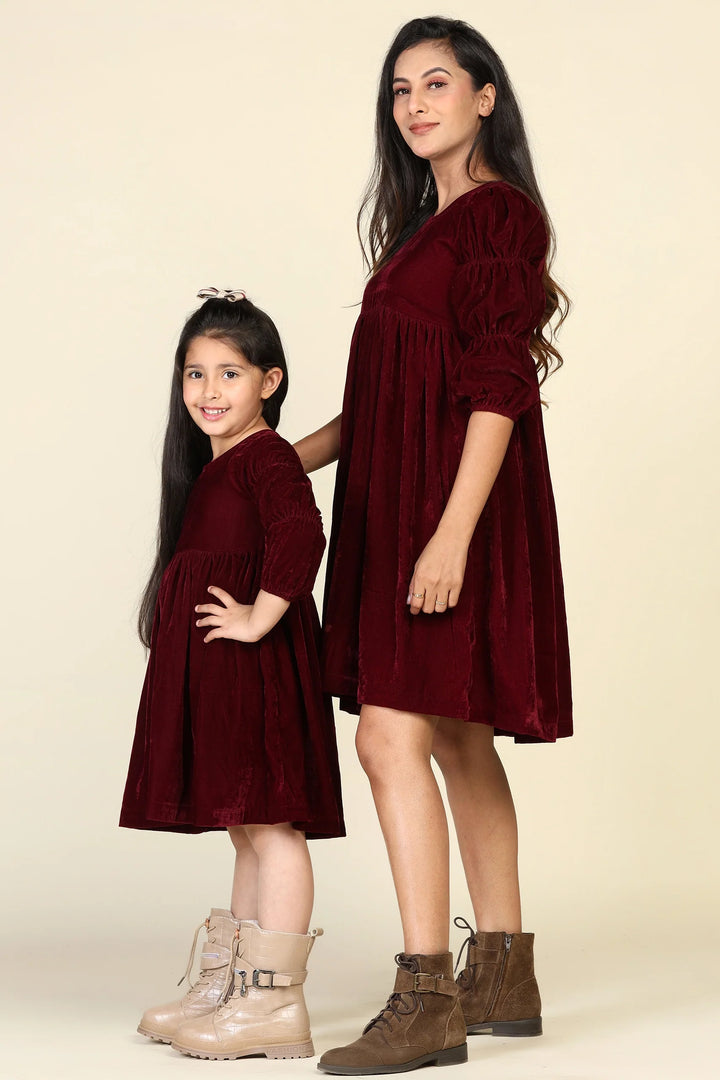 Mom & Daughter Duo: Stunning Maroon Velvet Samaira Dresses
