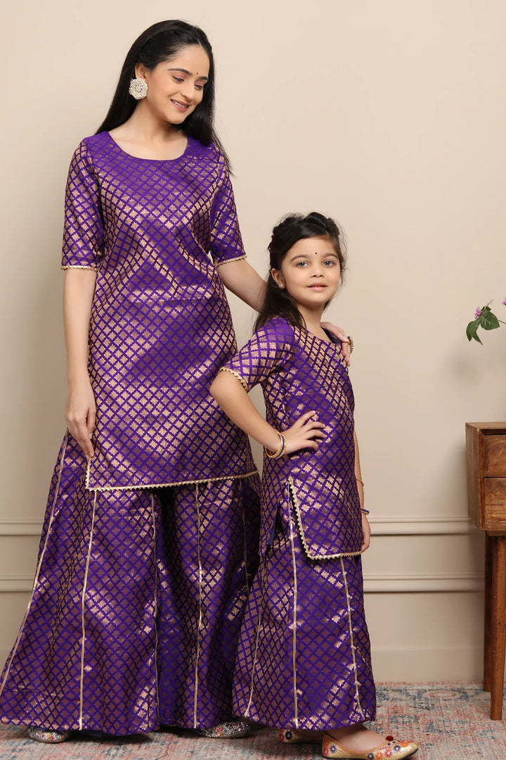 Elegant Purple Brocade Suits for Mom and Daughter