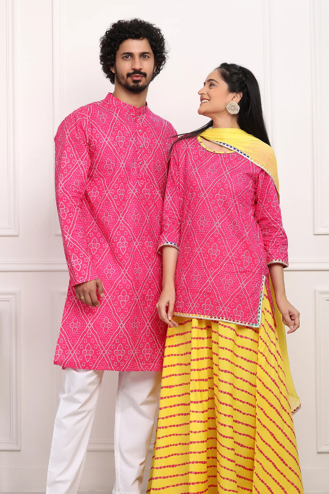 Fuchsia Jaipuri Kurta and Yellow Bandhani Lehenga Couple Set
