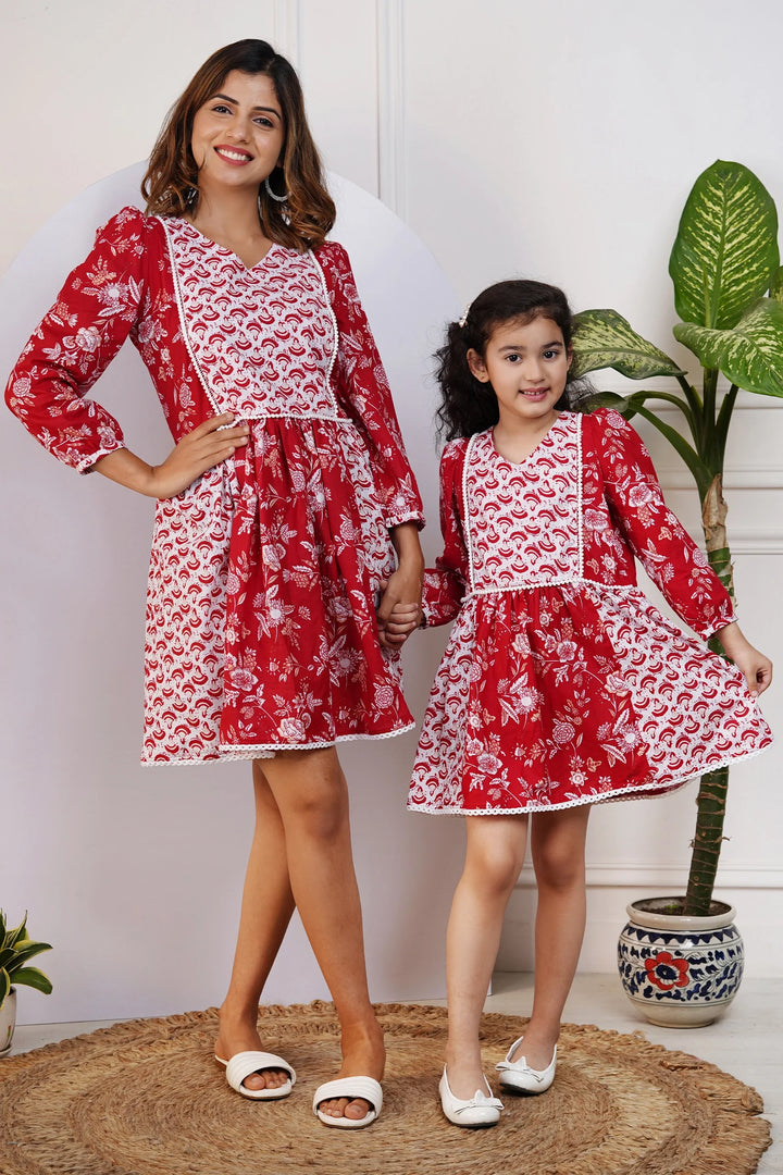 Matching Red and White Printed Dresses for Mom and Daughter