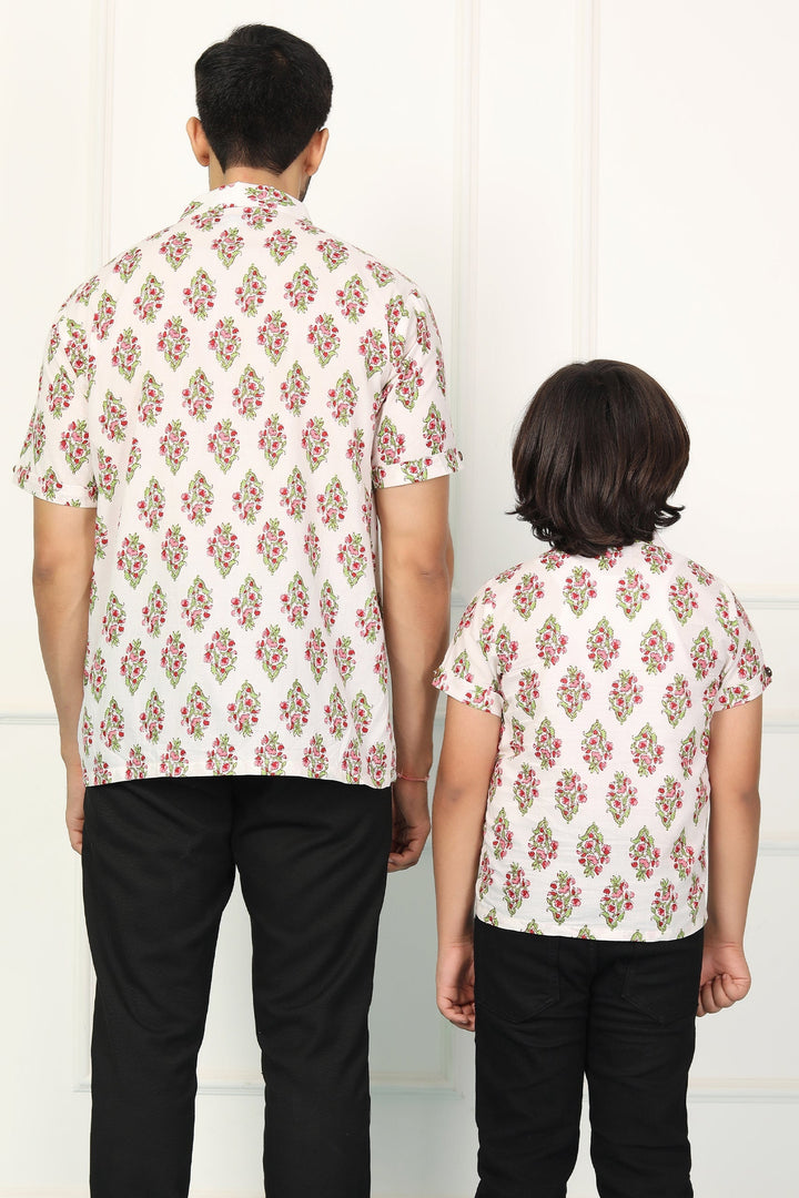 White and Red Block Printed Matching Shirt Father & Son Twin Set