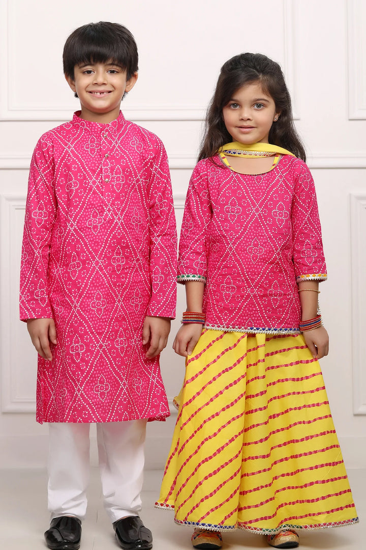 Fuchsia Jaipuri Kurta and Yellow Bandhani Lehenga Set - Brother and Sister Twin Outfits