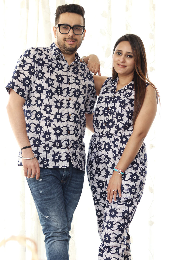 Navy Blue And White Printed Jumpsuit and Shirt Family Twin Set