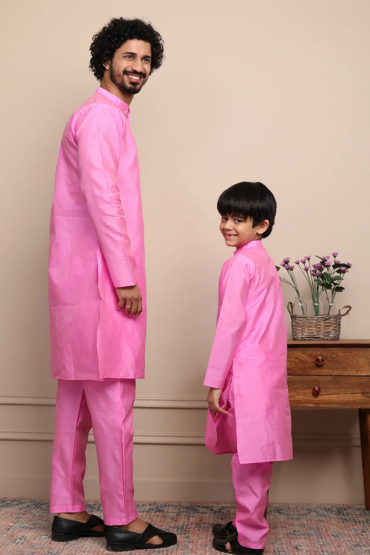 Ethnic Rouge Silk Kurta Pyjama Father & Son Set