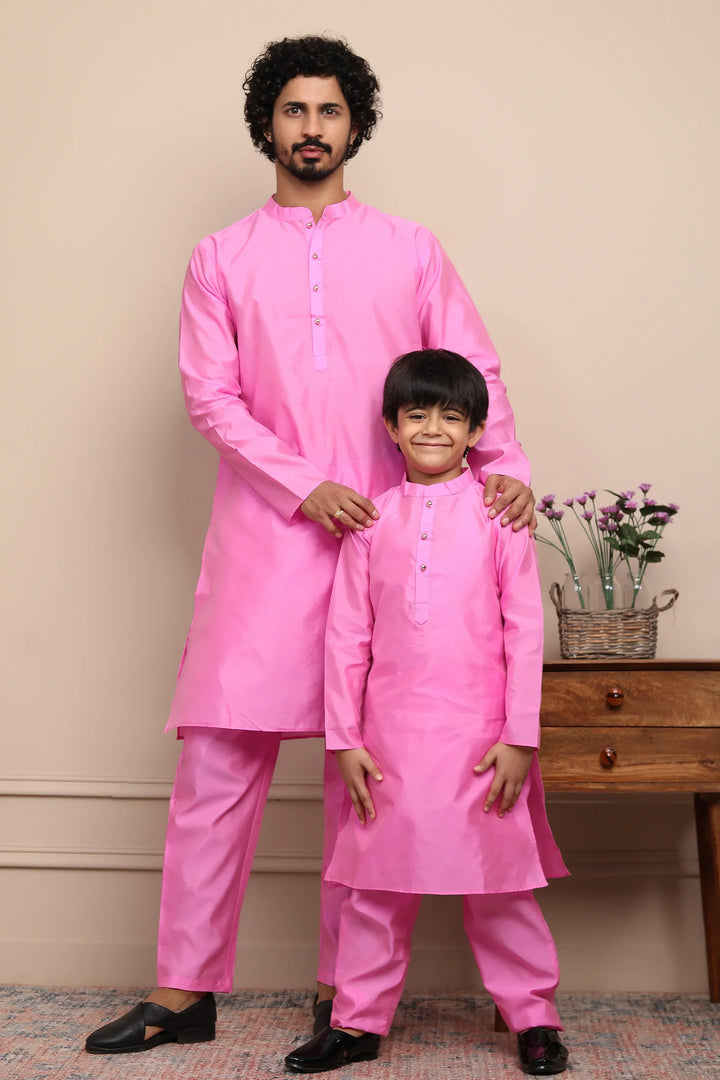 Ethnic Rouge Silk Kurta Pyjama Father & Son Set