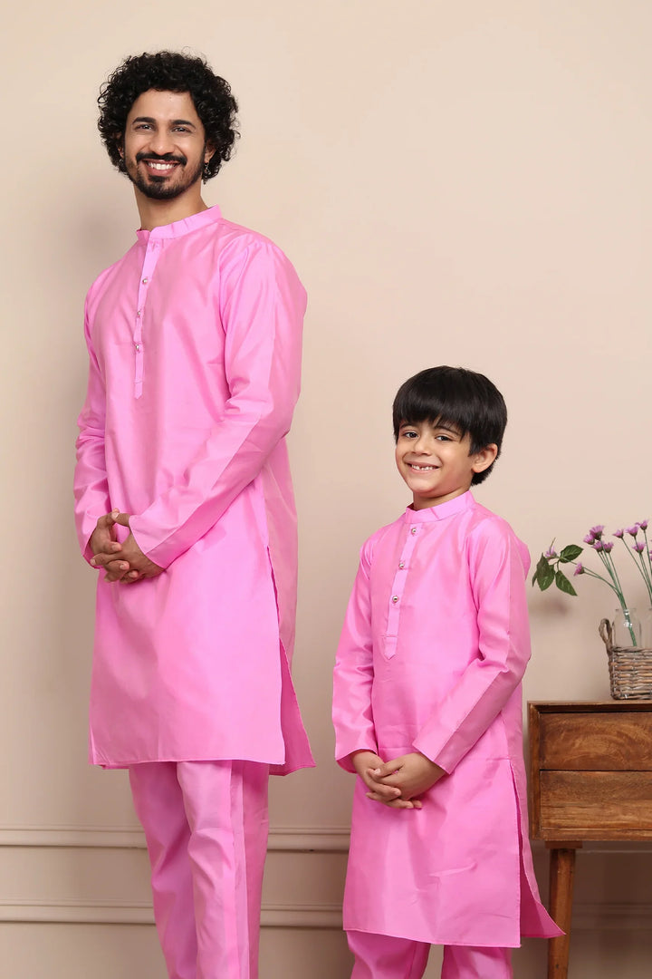 Ethnic Rouge Silk Kurta Pyjama Father & Son Set