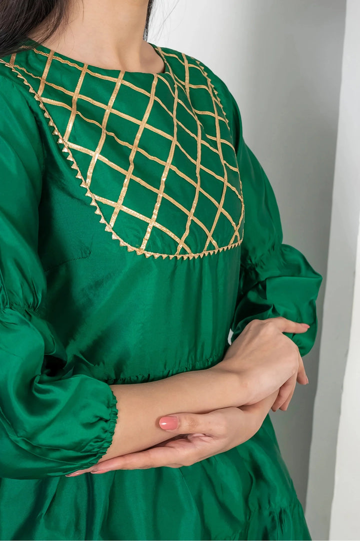 Green and Golden Tiered Kurta with Dhoti for Women