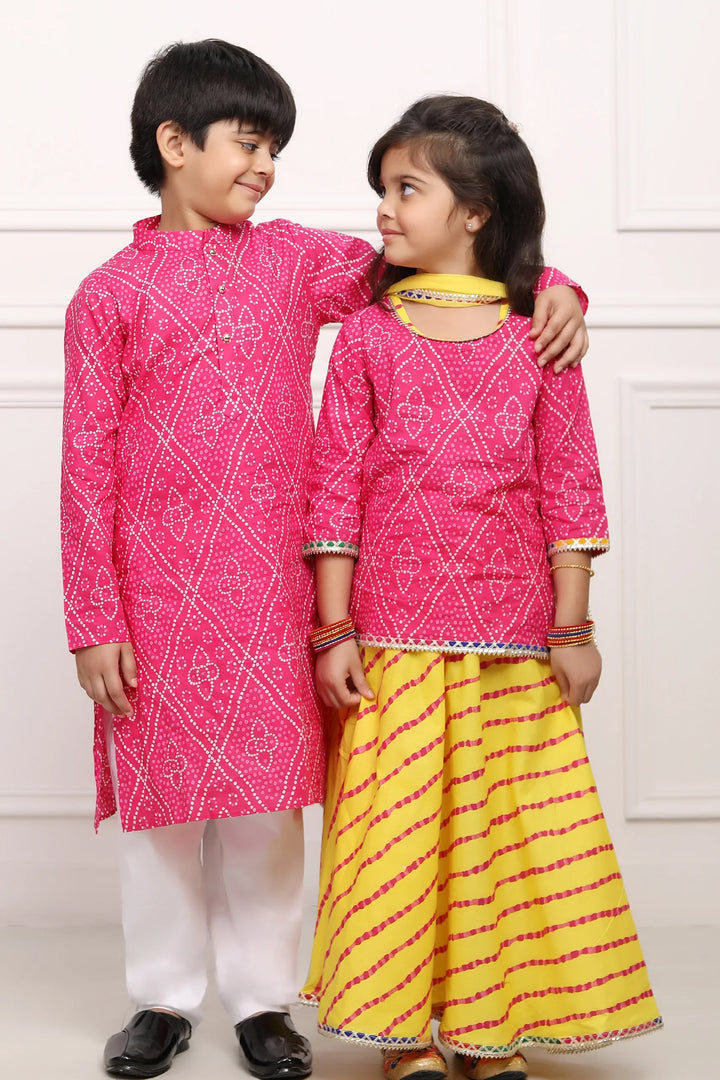 Fuchsia Jaipuri Kurta and Yellow Bandhani Lehenga Set - Brother and Sister Twin Outfits