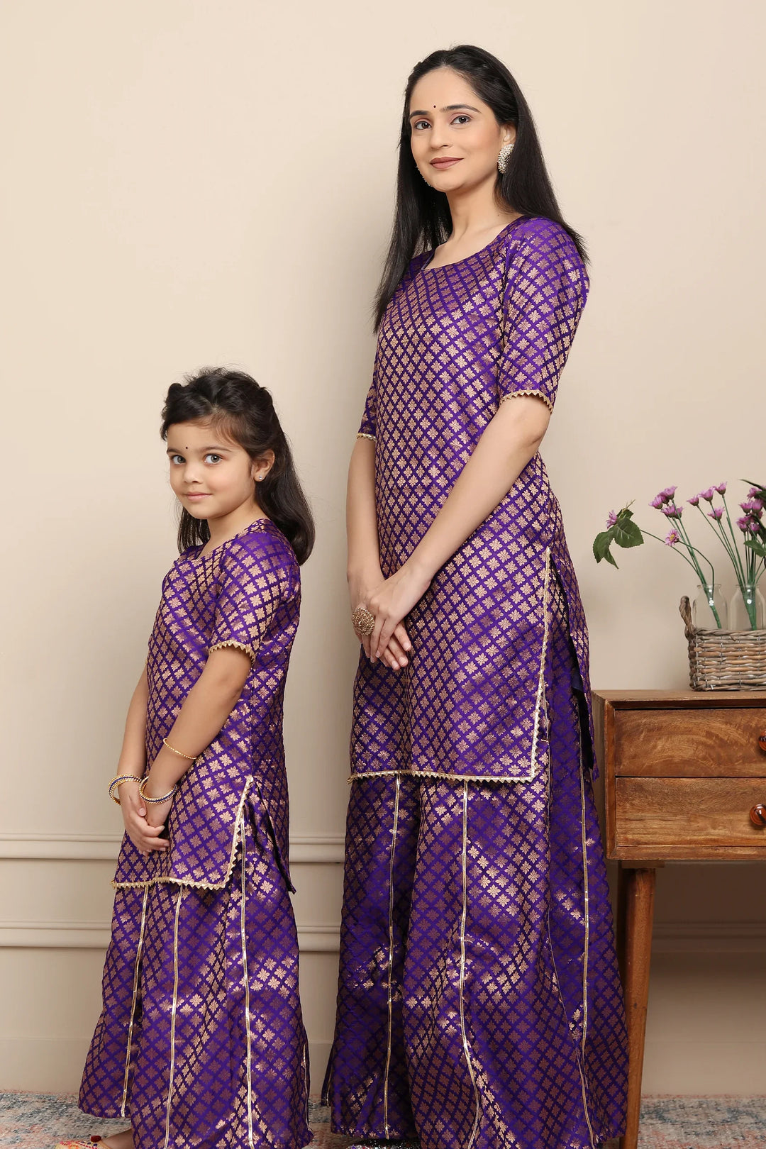 Elegant Purple Brocade Suits for Mom and Daughter