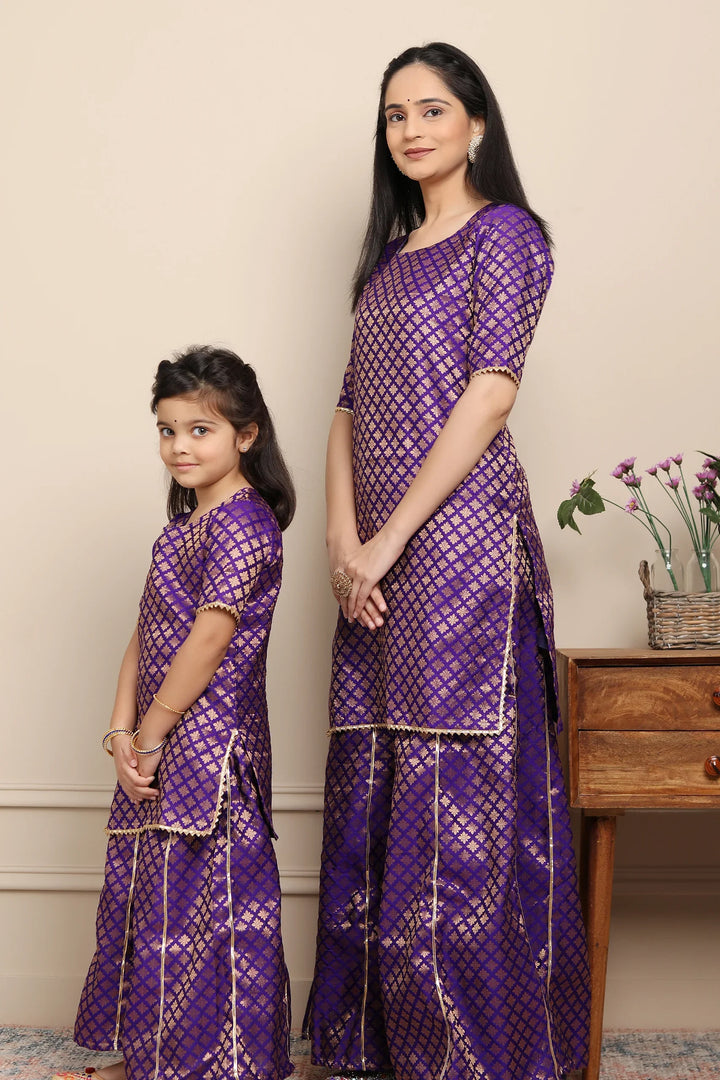Elegant Purple Brocade Suits for Mom and Daughter