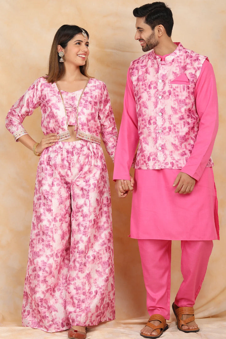 Floral Fuchsia Fiesta: Crop Top and Plazzo Perfection with Matching Kurta Pyjama  Matching Couple Set