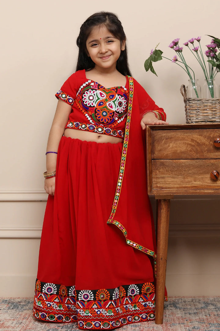 Exclusive Hand Embroidered Ethnic  Red Chaniya Choli Set with Matching Dupatta For Kid