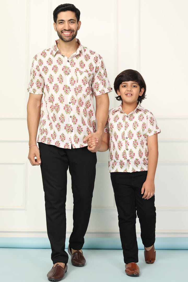 White and Red Block Printed Matching Shirt Father & Son Twin Set