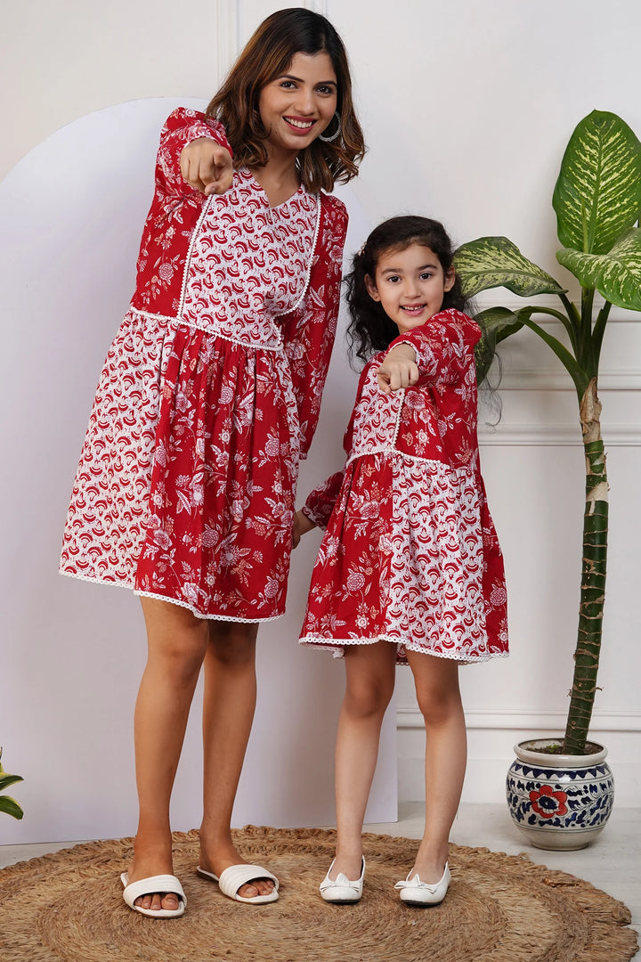 Matching Red and White Printed Dresses for Mom and Daughter