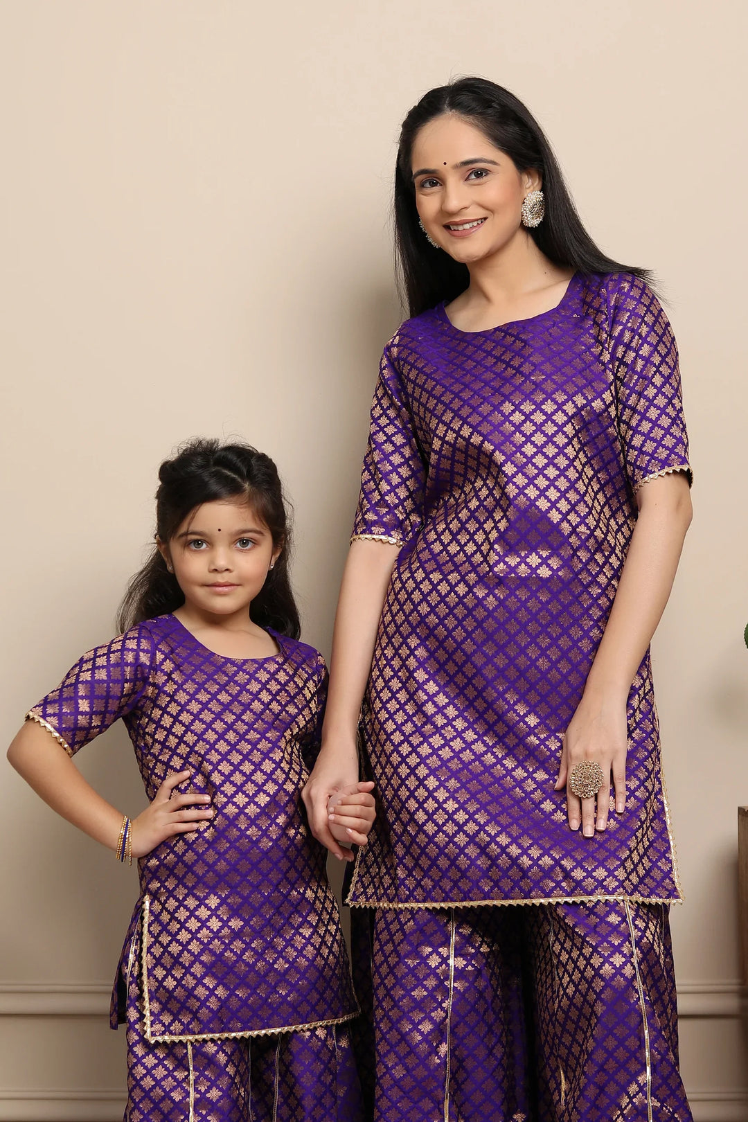 Elegant Purple Brocade Suits for Mom and Daughter