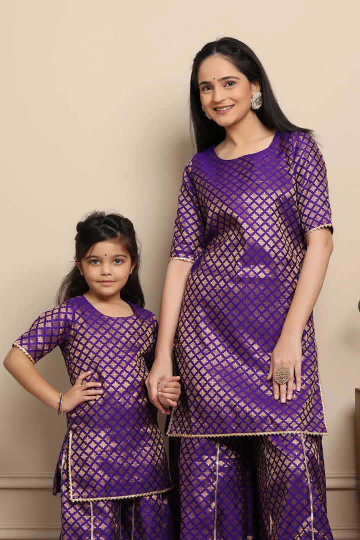 Elegant Purple Brocade Suits for Mom and Daughter