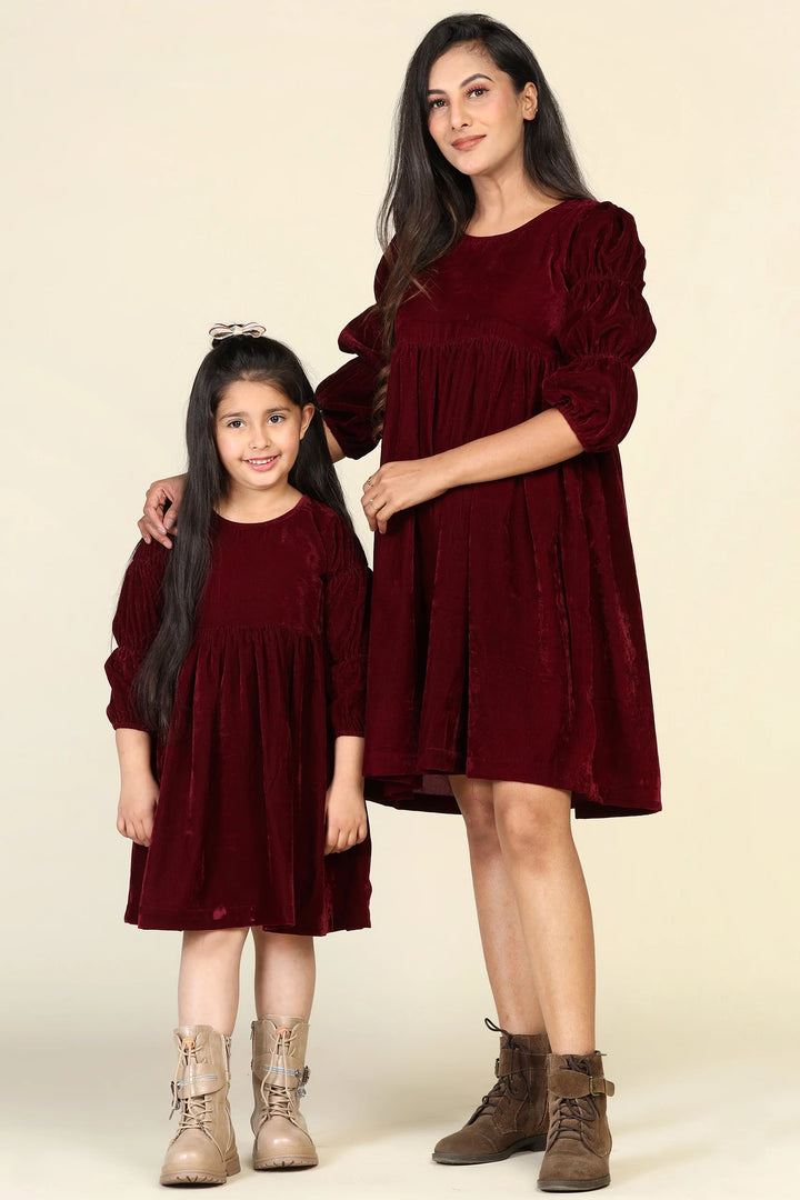 Mom & Daughter Duo: Stunning Maroon Velvet Samaira Dresses