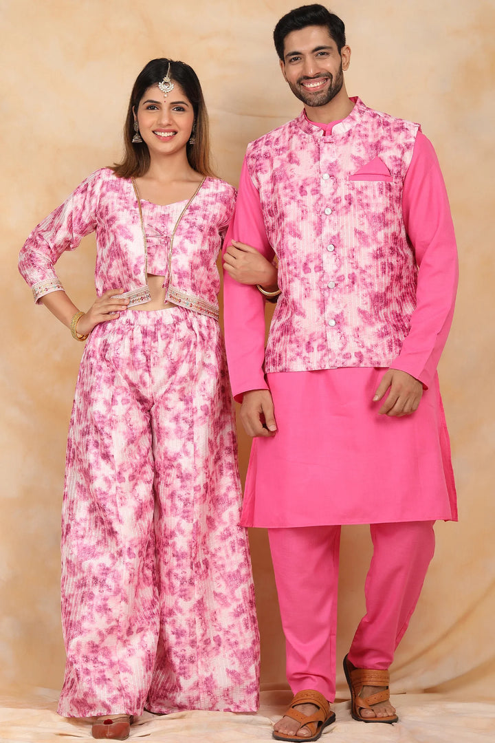 Floral Fuchsia Fiesta: Crop Top and Plazzo Perfection with Matching Kurta Pyjama  Matching Couple Set