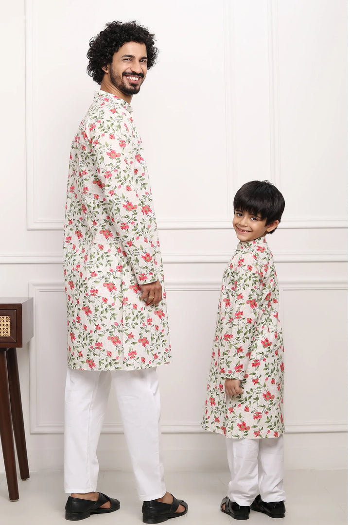 White Multi Floral Kurta With White Pyjama  Father & Son Twin Set