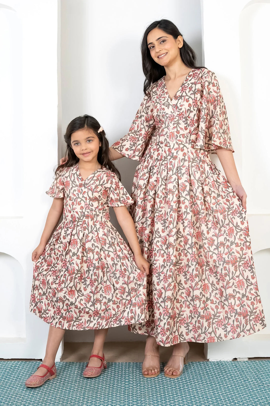 Mommy & Me Matching Maxi Dresses: Red Floral Print on Cream | Summer Comfort