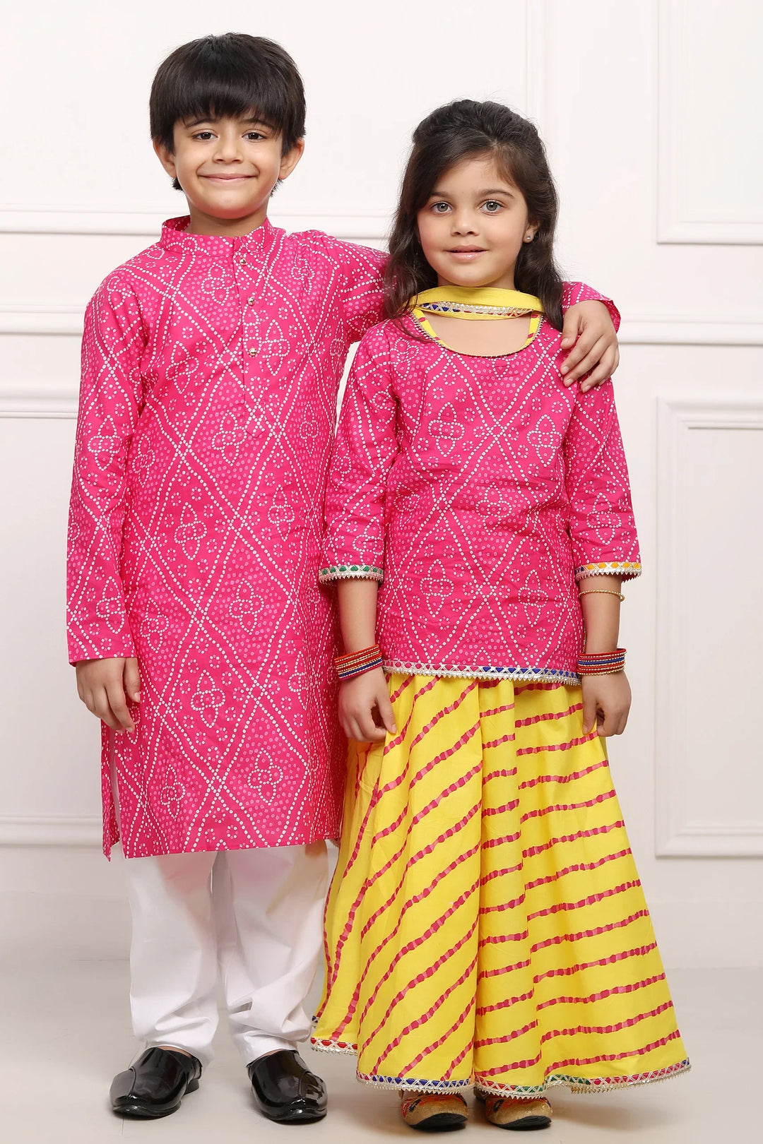 Fuchsia Jaipuri Kurta and Yellow Bandhani Lehenga Set - Brother and Sister Twin Outfits