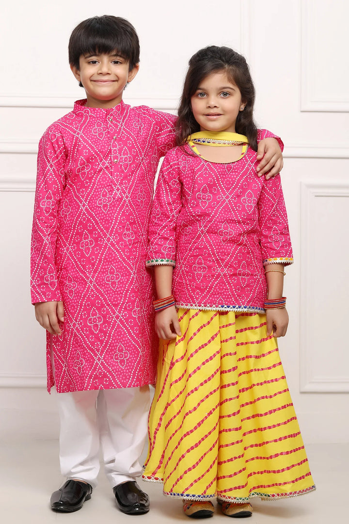 Fuchsia Jaipuri Kurta and Yellow Bandhani Lehenga Set - Brother and Sister Twin Outfits