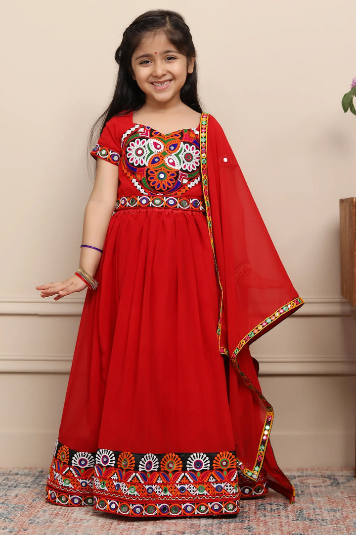 Exclusive Hand Embroidered Ethnic  Red Chaniya Choli Set with Matching Dupatta For Kid