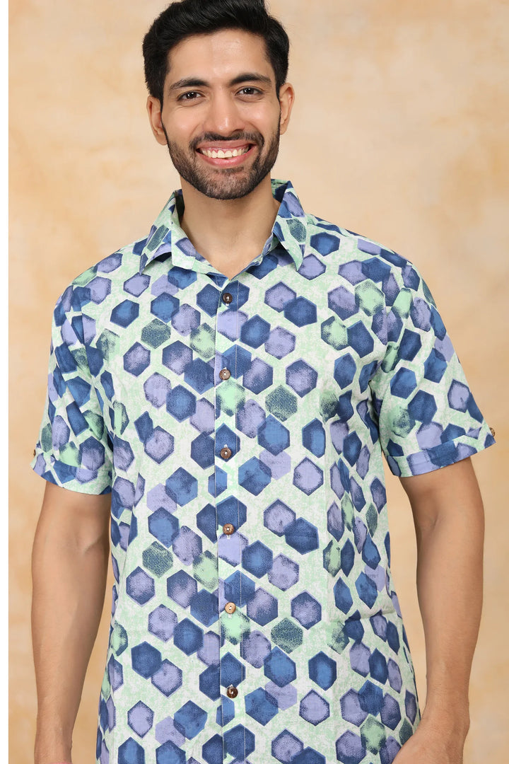 White and Blue Block printed Top with Matching Shirt Couple Twin Set