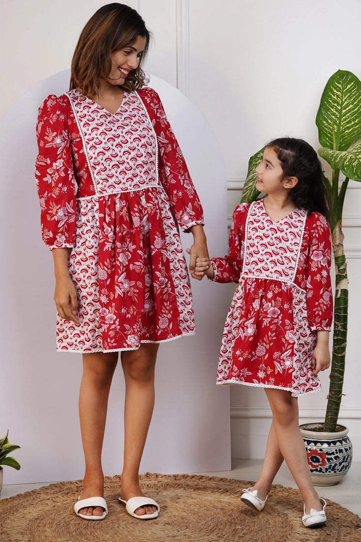 Matching Red and White Printed Dresses for Mom and Daughter