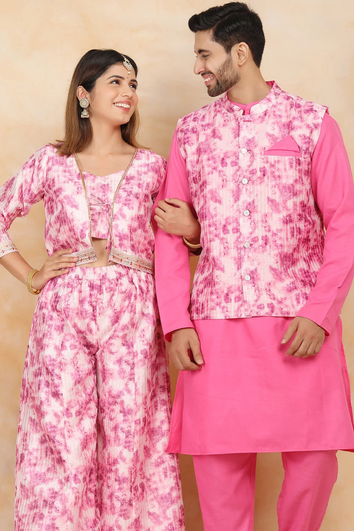 Floral Fuchsia Fiesta: Crop Top and Plazzo Perfection with Matching Kurta Pyjama  Matching Couple Set