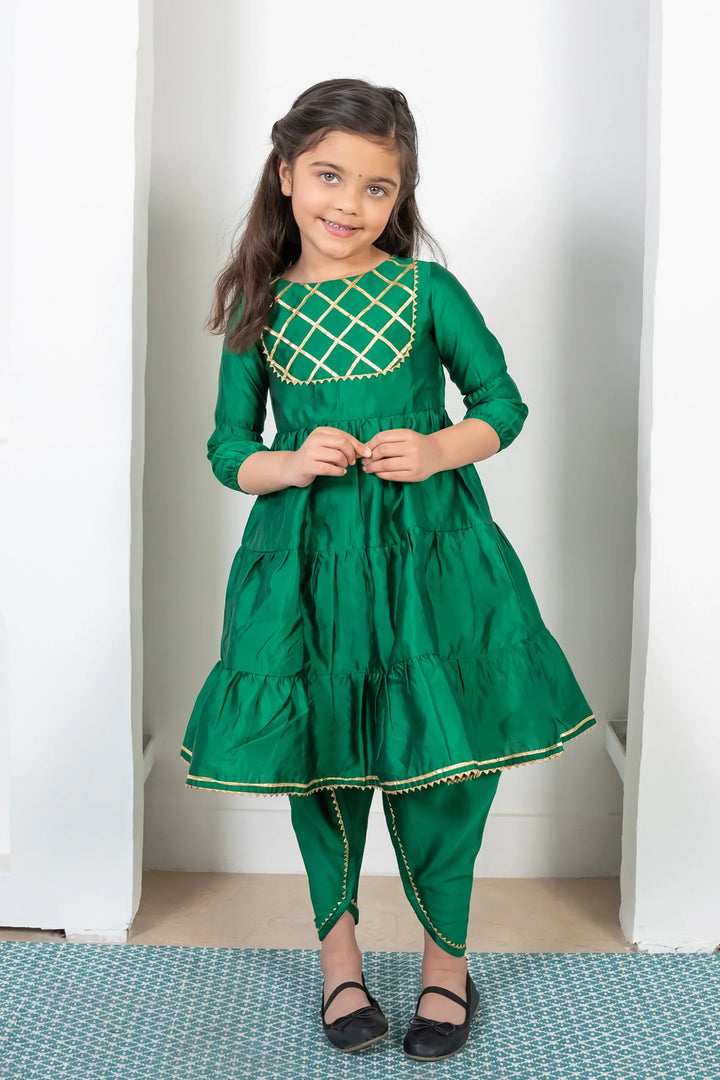 Green and Golden Tiered Kurta with Dhoti For Mom and Daughter Twin Set
