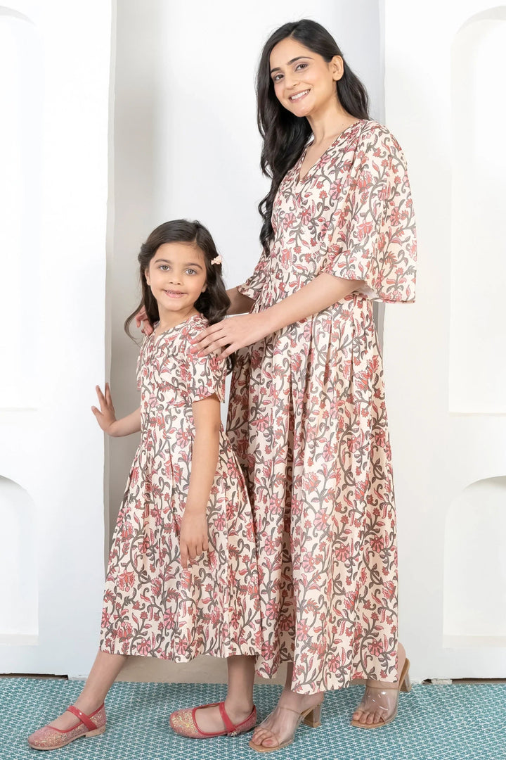 Mommy & Me Matching Maxi Dresses: Red Floral Print on Cream | Summer Comfort
