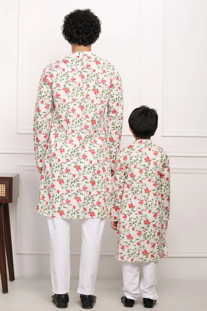 White Multi Floral Kurta With White Pyjama  Father & Son Twin Set