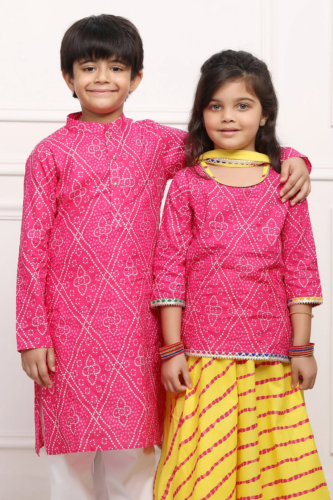 Fuchsia Jaipuri Kurta and Yellow Bandhani Lehenga Set - Brother and Sister Twin Outfits