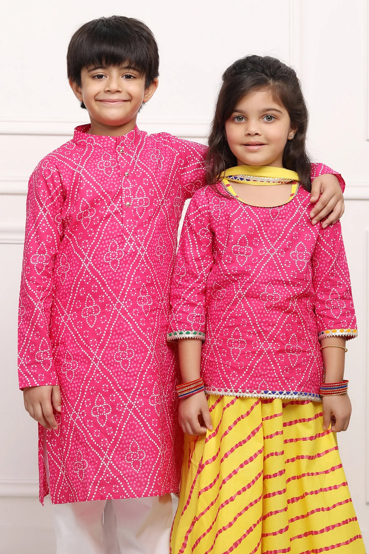 Fuchsia Jaipuri Kurta and Yellow Bandhani Lehenga Set - Brother and Sister Twin Outfits