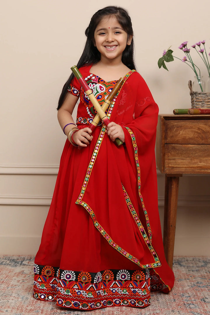 Exclusive Hand Embroidered Ethnic  Red Chaniya Choli Set with Matching Dupatta For Kid