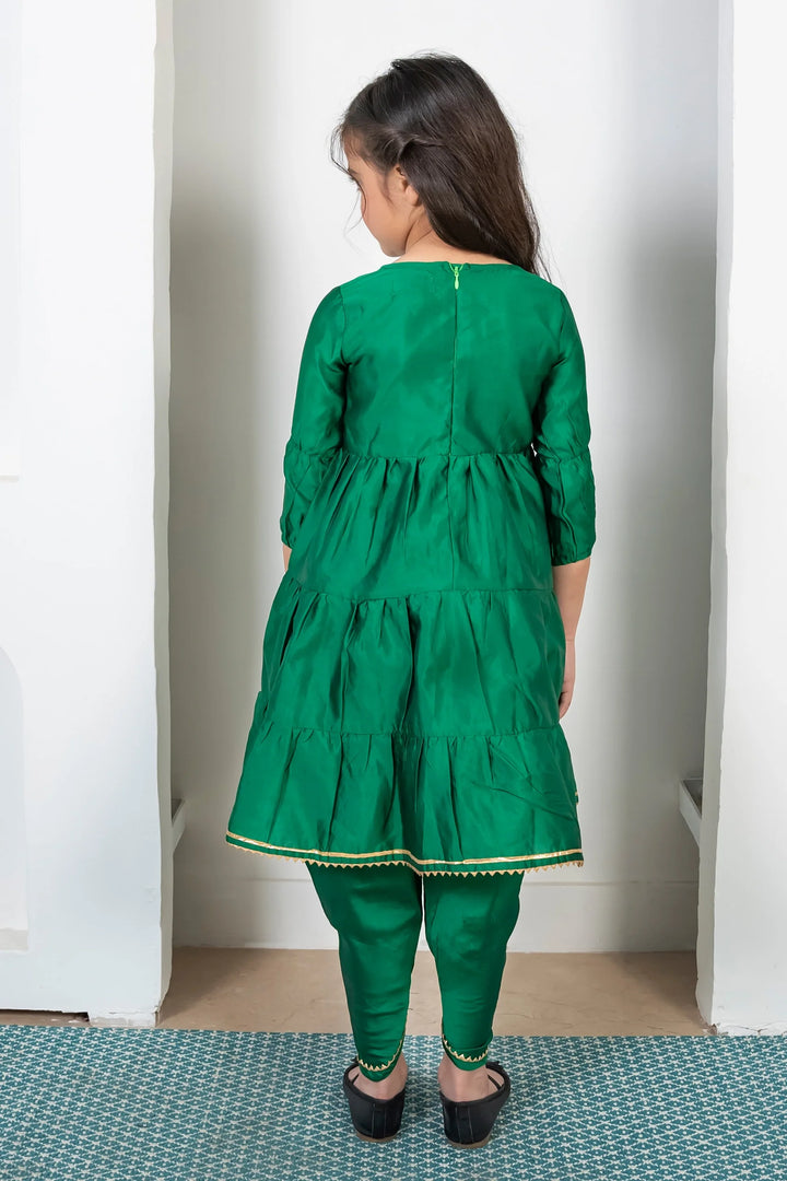 Green and Golden Tiered Kurta with Dhoti For Mom and Daughter Twin Set