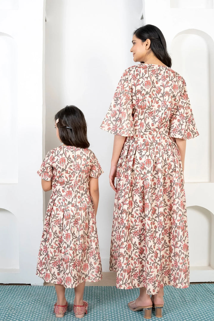 Mommy & Me Matching Maxi Dresses: Red Floral Print on Cream | Summer Comfort