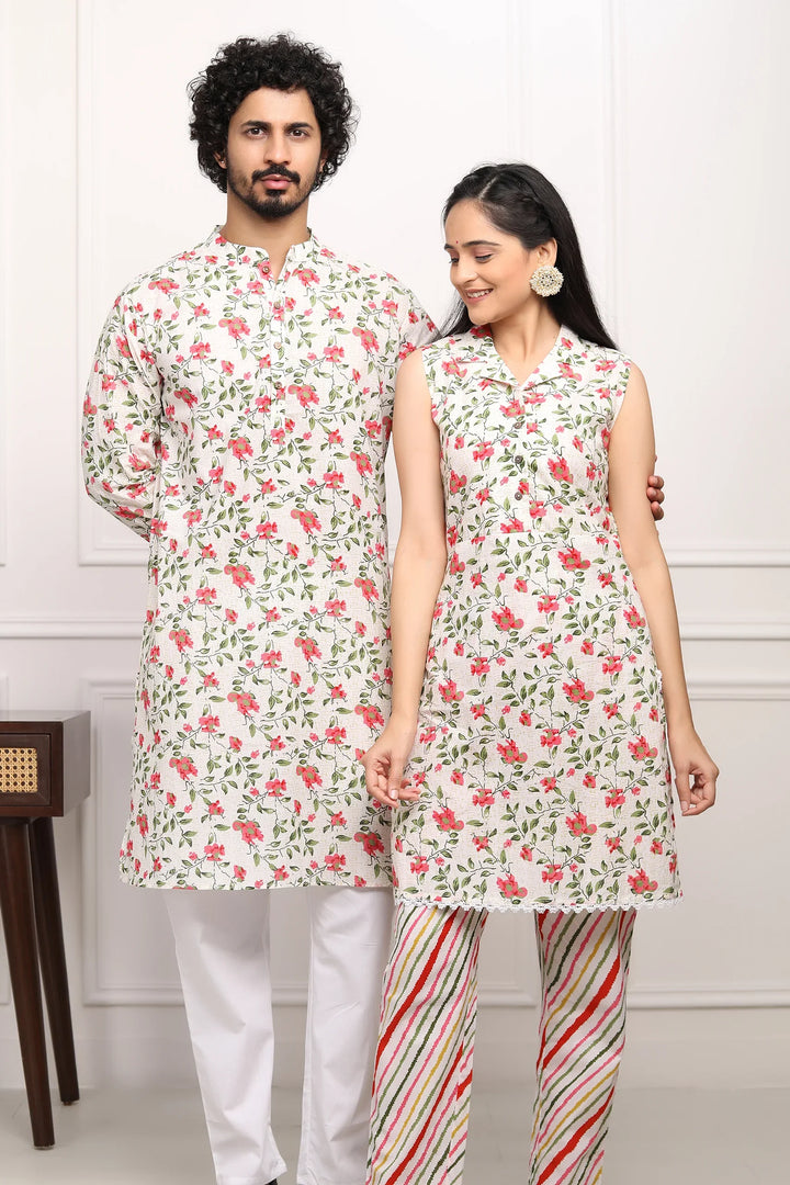 White and Multifloral  Collared  Suit With Matching Kurta Pyjama Couple Set