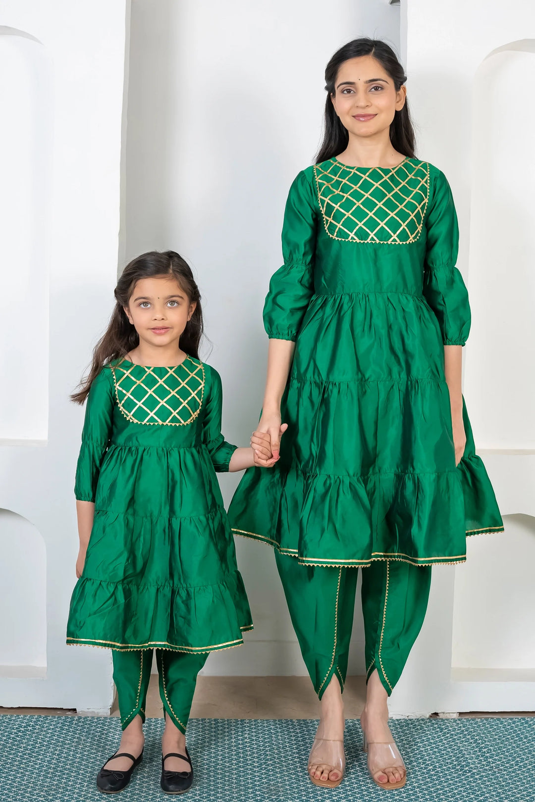 Green and Golden Tiered Kurta with Dhoti For Mom and Daughter Twin Set