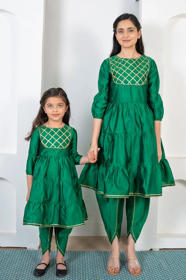 Green and Golden Tiered Kurta with Dhoti For Mom and Daughter Twin Set