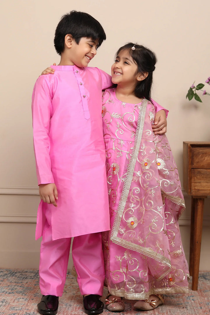 Elegant Ethnic Twin Set: Rouge & Silver Gota Patti Gown with Kurta Pyjama
