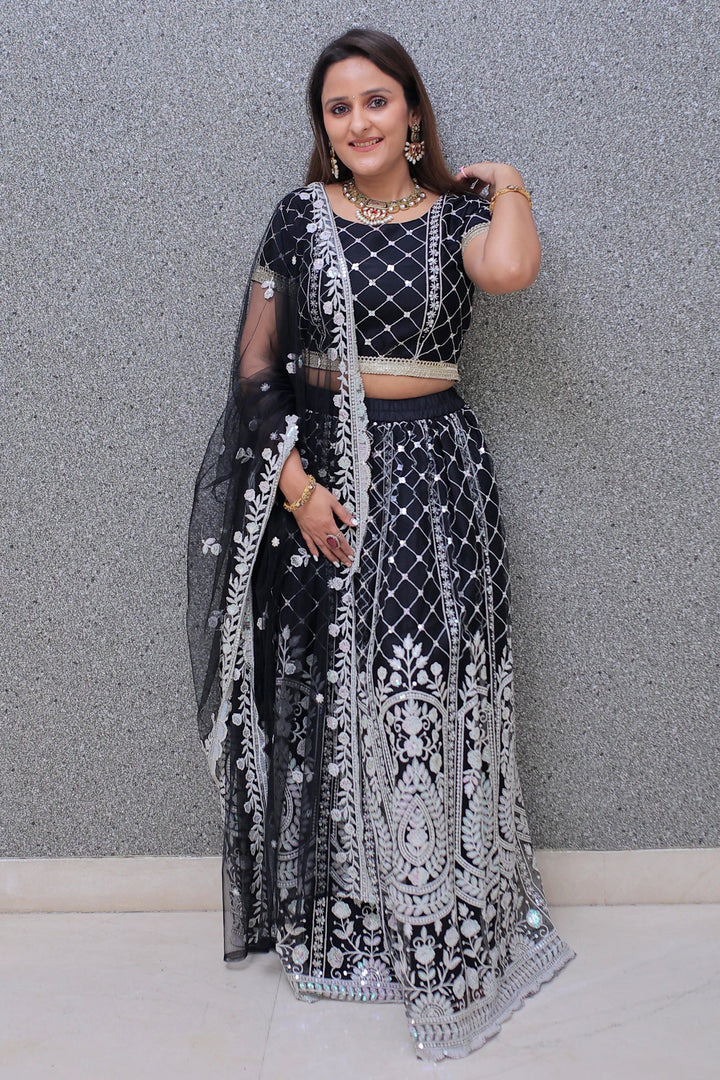 Elegant Black Lehenga Choli with White Sequins Mom and Daughter Twin Set