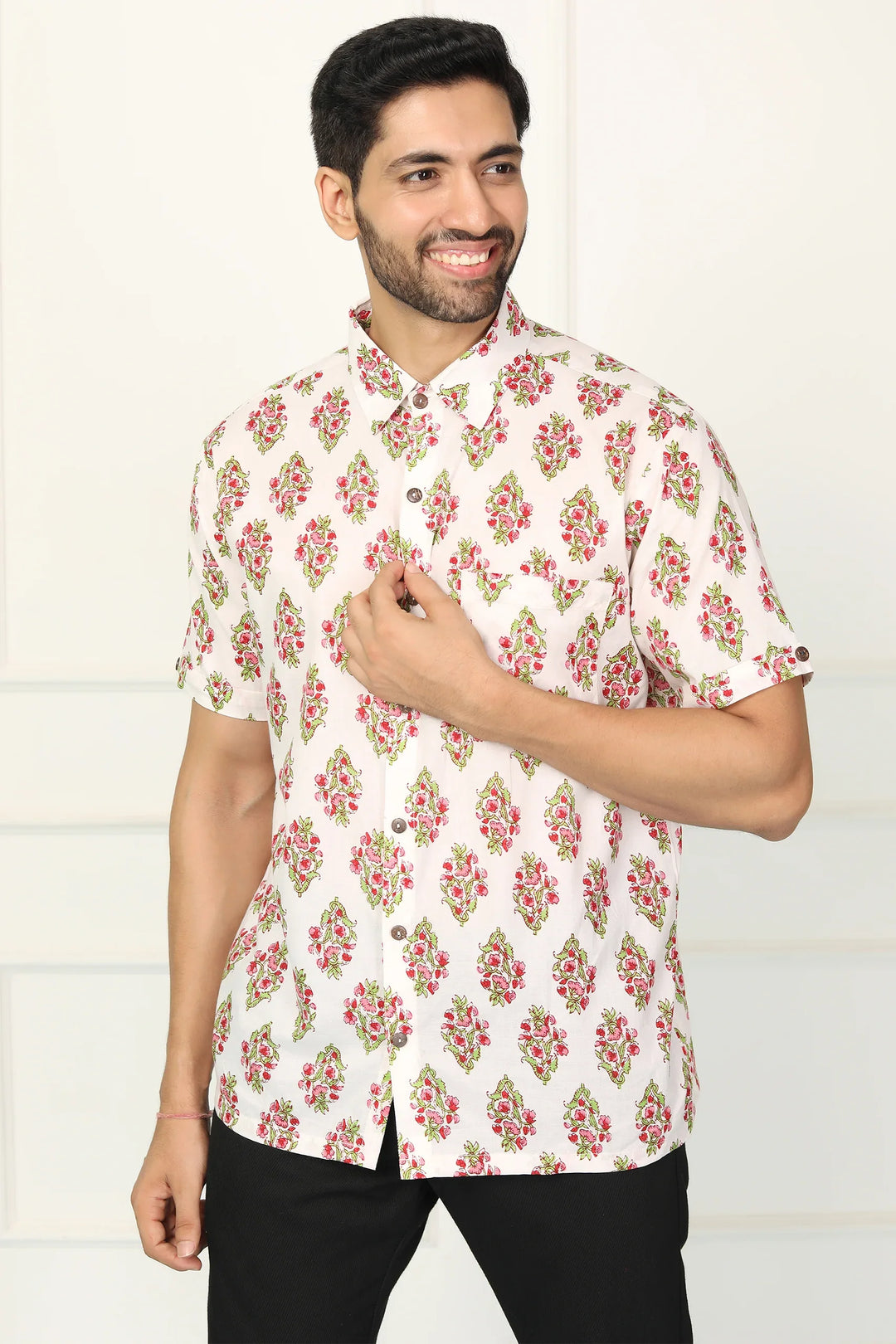 White and Red Block Printed Tunic with Matching Shirt Couple Set