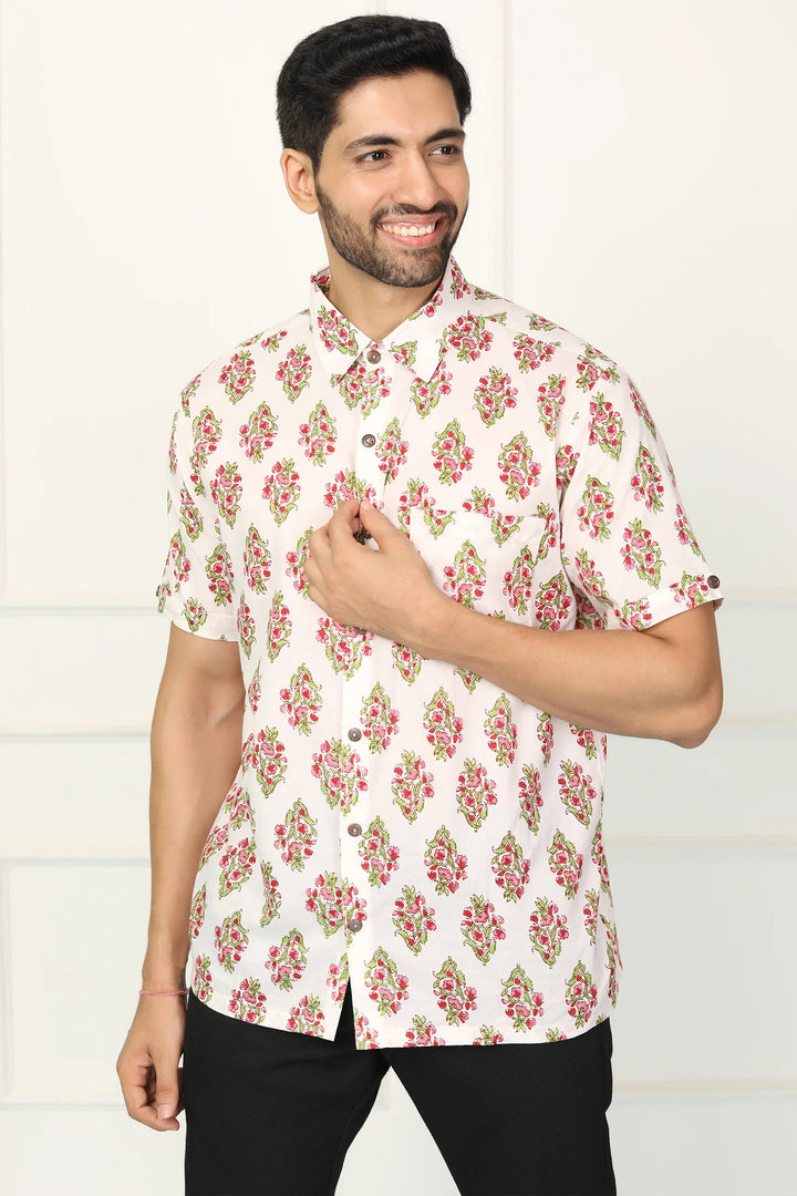 White and Red Block Printed Tunic with Matching Shirt Couple Set
