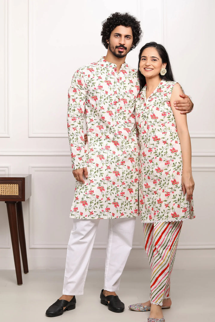 White and Multifloral  Collared  Suit With Matching Kurta Pyjama Couple Set