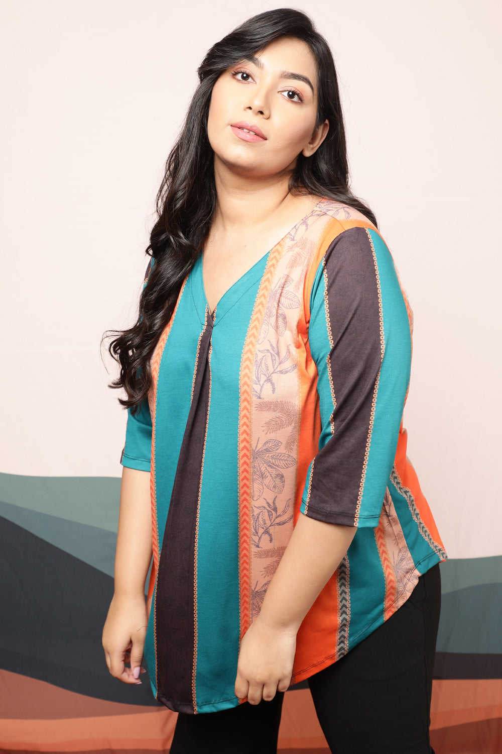 Plus Size Ethnic Striped Centre Pleat Top