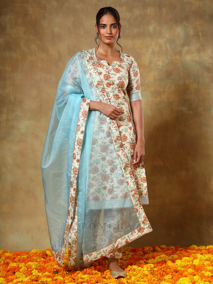 Guzarish Beige Cotton Salwar Suit Set | Organza Dupatta & Prints